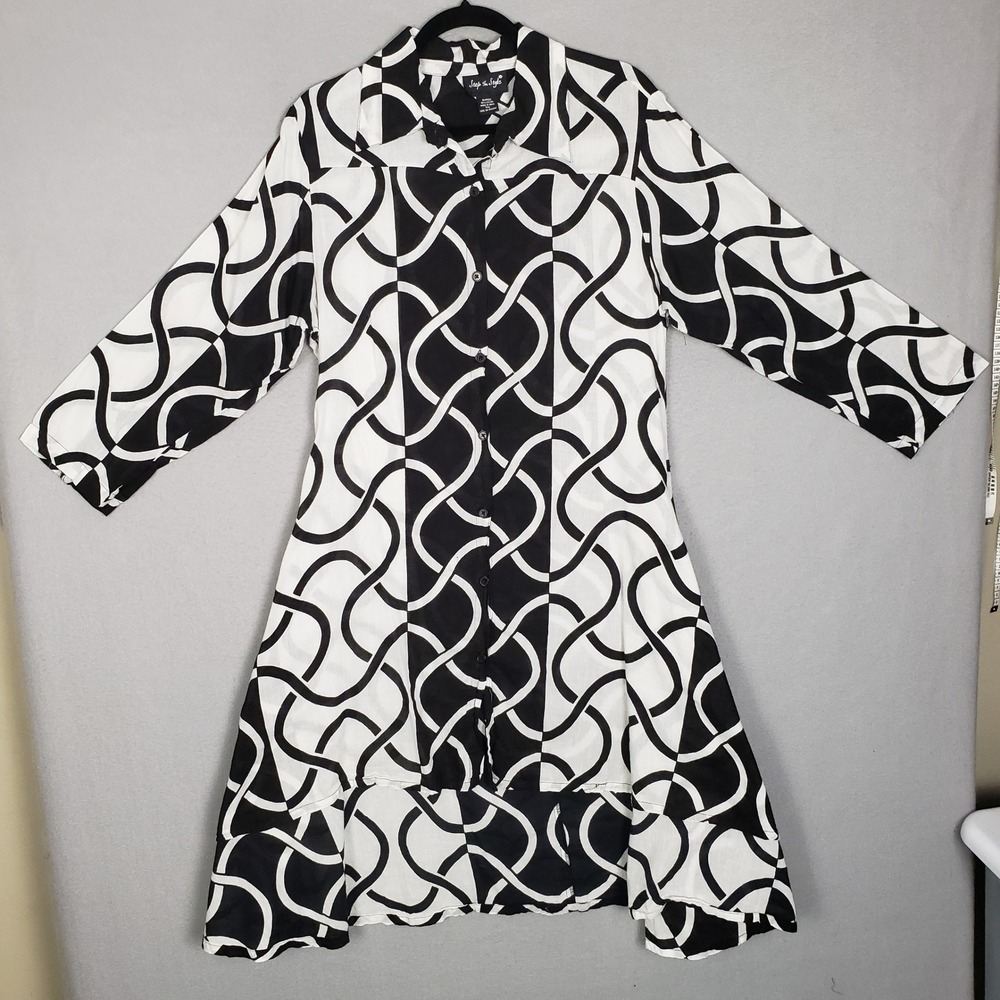 Step In Style Long Sleeve Shirt Dress Black White Geometric Artsy High Low Midi